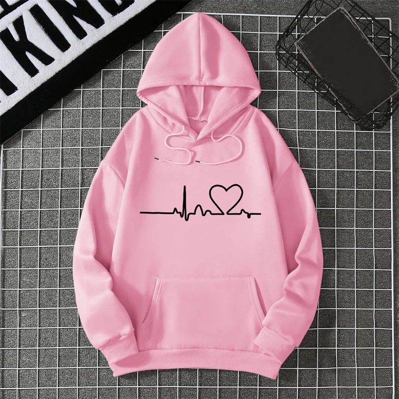 Women Hoodies Autumn Winter Heartbeat Print Men Simple Casual Hoodie Couple Sweatshirts Ladies Hooded Tops Streetwear Clothes