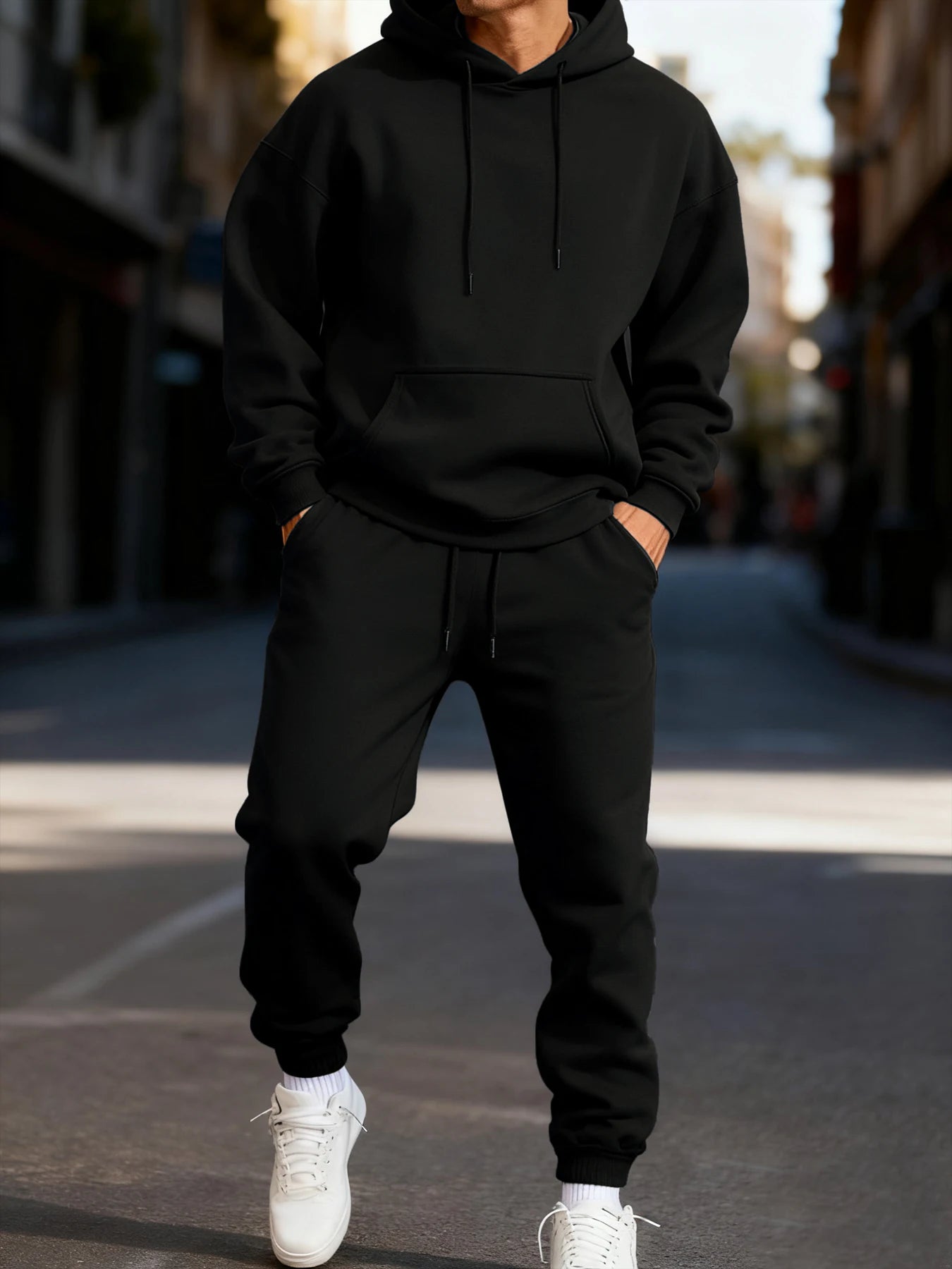 Man's Hoodie Set Winter Solid Color Two Pices Sets Long-Length Street Clothes Casual Sports Sweatpant Hoody Unisex Fashion Suit