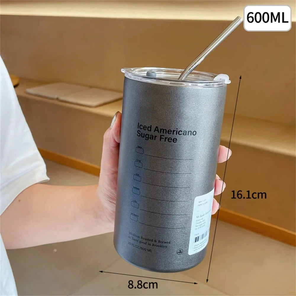 Portable 600ml Thermos Cup 304 Stainless Steel Coffee Mug Thermal Leak-proof Water Bottle with Straw Insulated Bottle Drinkware