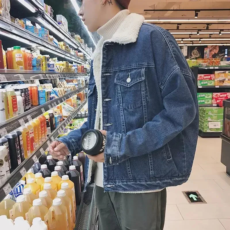 Denim Jackets Man Padding Jeans Coat for Men Slim Fit Warm with Sheep Padded Wool Black Cowboy High Quality Trendy Original G