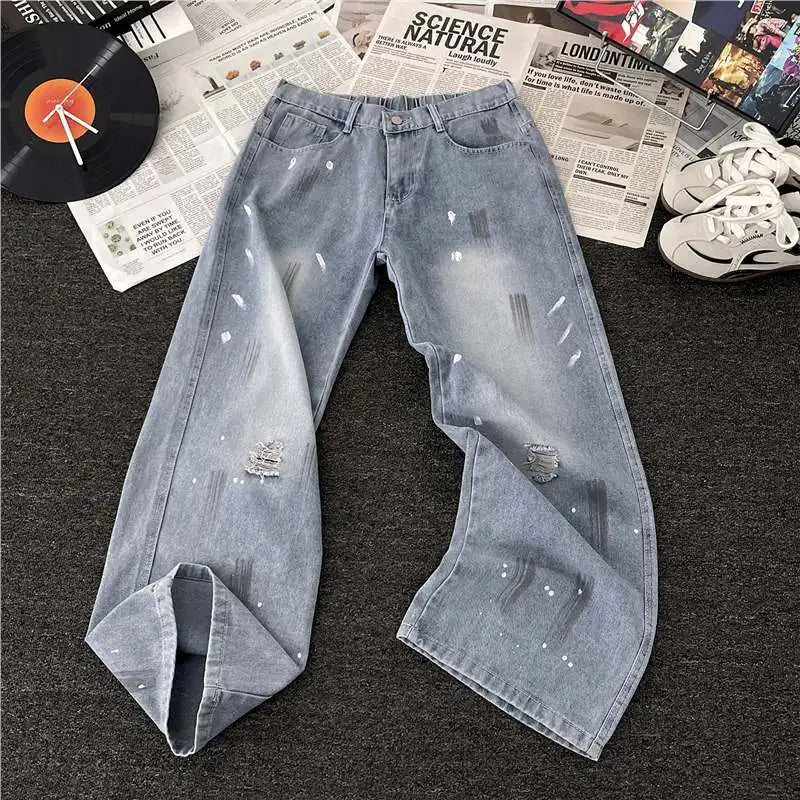 Jeans Men's Trendy Brand Washed Straight Pants High Street Graffiti Casual Ripped Pants S-3XL Size Men's Clothing
