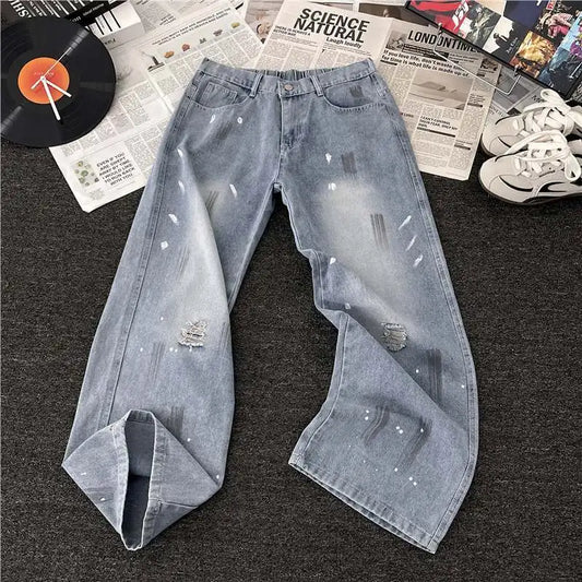 Jeans Men's Trendy Brand Washed Straight Pants High Street Graffiti Casual Ripped Pants S-3XL Size Men's Clothing