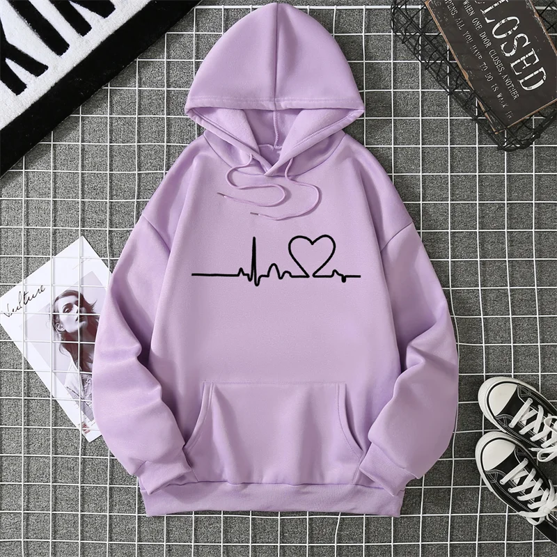 Women Hoodies Autumn Winter Heartbeat Print Men Simple Casual Hoodie Couple Sweatshirts Ladies Hooded Tops Streetwear Clothes