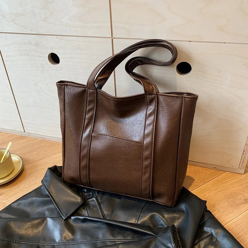 Simple Large Capacity Tote Bags for Women Retro Pu Leather Ladies Shoulder Bag Commuter Portable Girls Student Underarm Handbag