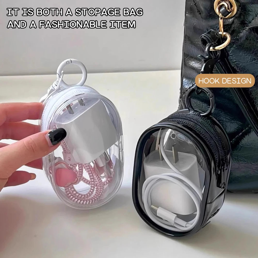 Portable Mini Transparent Charging Cable Storage Bag with Zipper Multifunctional Headphone Case Travel Accessories with Keychain