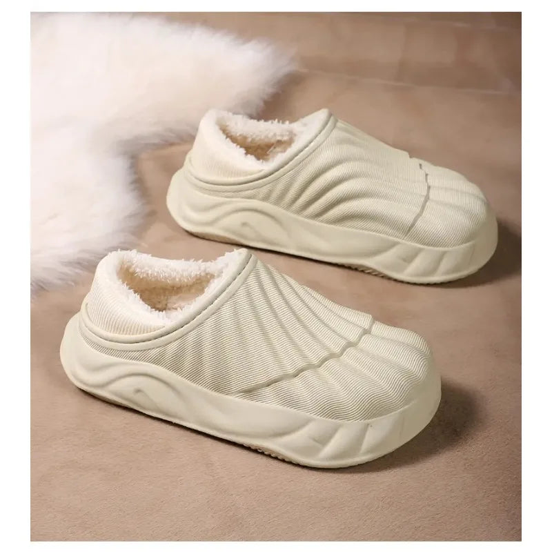 2026 Winter Women Cotton Slippers Warm Non-Slip Thick Bottom Slides Soft Waterproof Home Shoes Plush Men Couple Outdoor Slipper