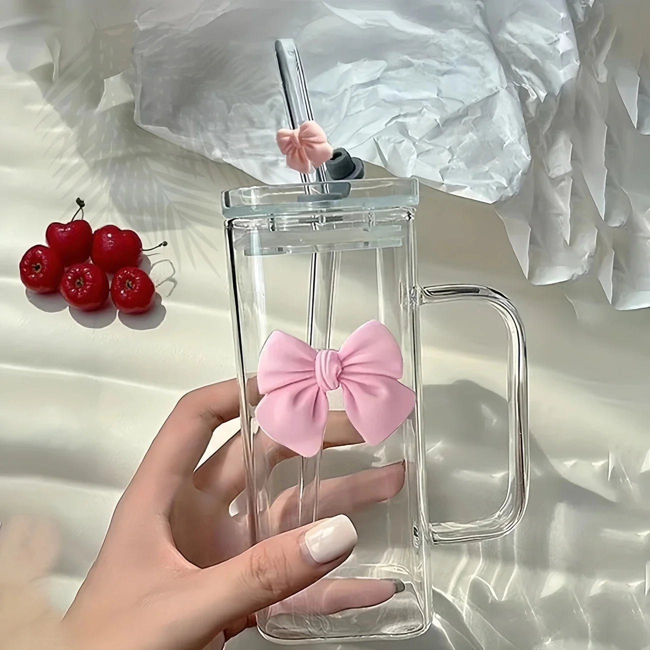 400mL Elegant Butterfly-Decorated Glass Tumbler with Straw & Handle - Reusable Freezer-Safe Water Cup for Coffee Juice Milk