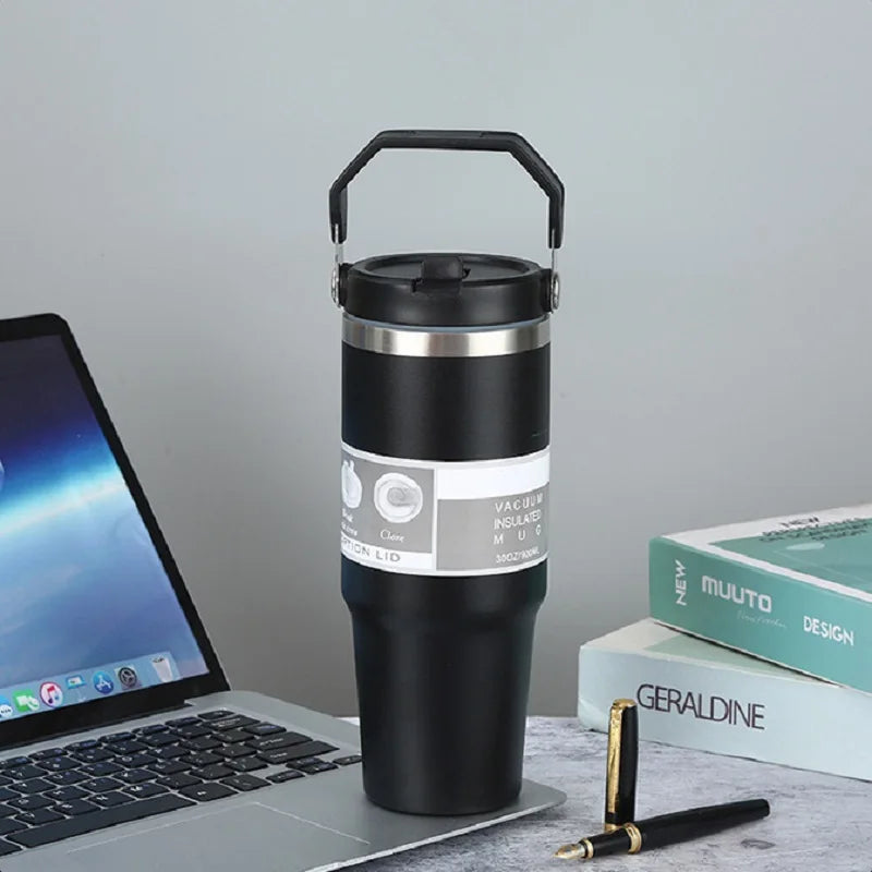 Double Wall Vacuum Insulated Stainless Steel Tumbler with Straw - Large Capacity Portable Travel Mug, Car Cup Holder Friendly, L