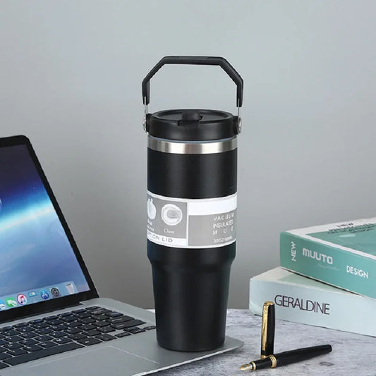 Double Wall Vacuum Insulated Stainless Steel Tumbler with Straw - Large Capacity Portable Travel Mug, Car Cup Holder Friendly, L