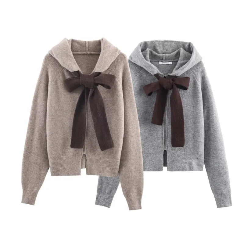 HipSeam Women Hoodie with Contrast Bow Detail Knitted Long Sleeve Ribbed Trims Women's Hoodies Lady Pullovers Female Outerwear
