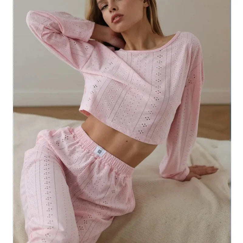 2025 Women's American Casual Wear Set - Fashionable, Simple, Loose-Fitting, Long-Sleeved, Long-Pants, Nightwear, Homewear Set