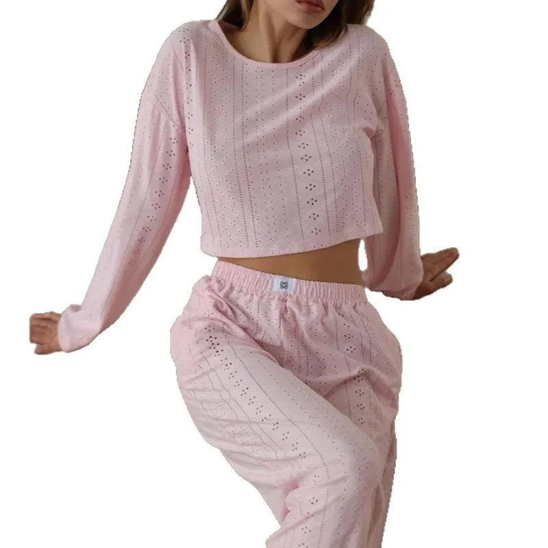 2025 Women's American Casual Wear Set - Fashionable, Simple, Loose-Fitting, Long-Sleeved, Long-Pants, Nightwear, Homewear Set