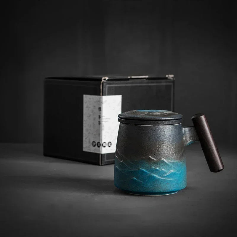 Creative Tea Cups and Mugs Ceramic Mug Thermal Coffee Cup Vintage Beer Water Cup Infuser Lid Wooden Handle Personalized Gifts