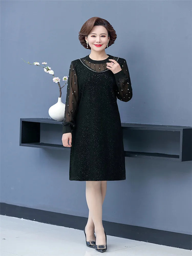 Women Middle-aged Dress Autumn And Winter  Elegant Casual O Neck Long-Sleeve Solid Color Female Dress Clothing