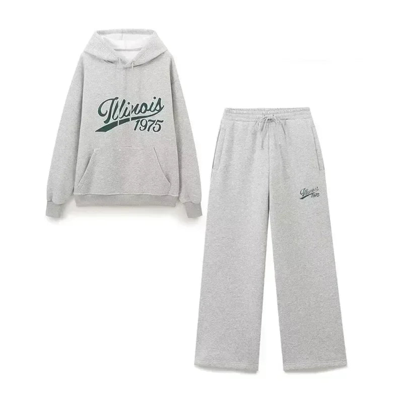 Women's Set Two Pieces Elegant Casual Women's Set Autumn Outfits Sweat Suit Sets Basics Grey Letter Hoodies Sets
