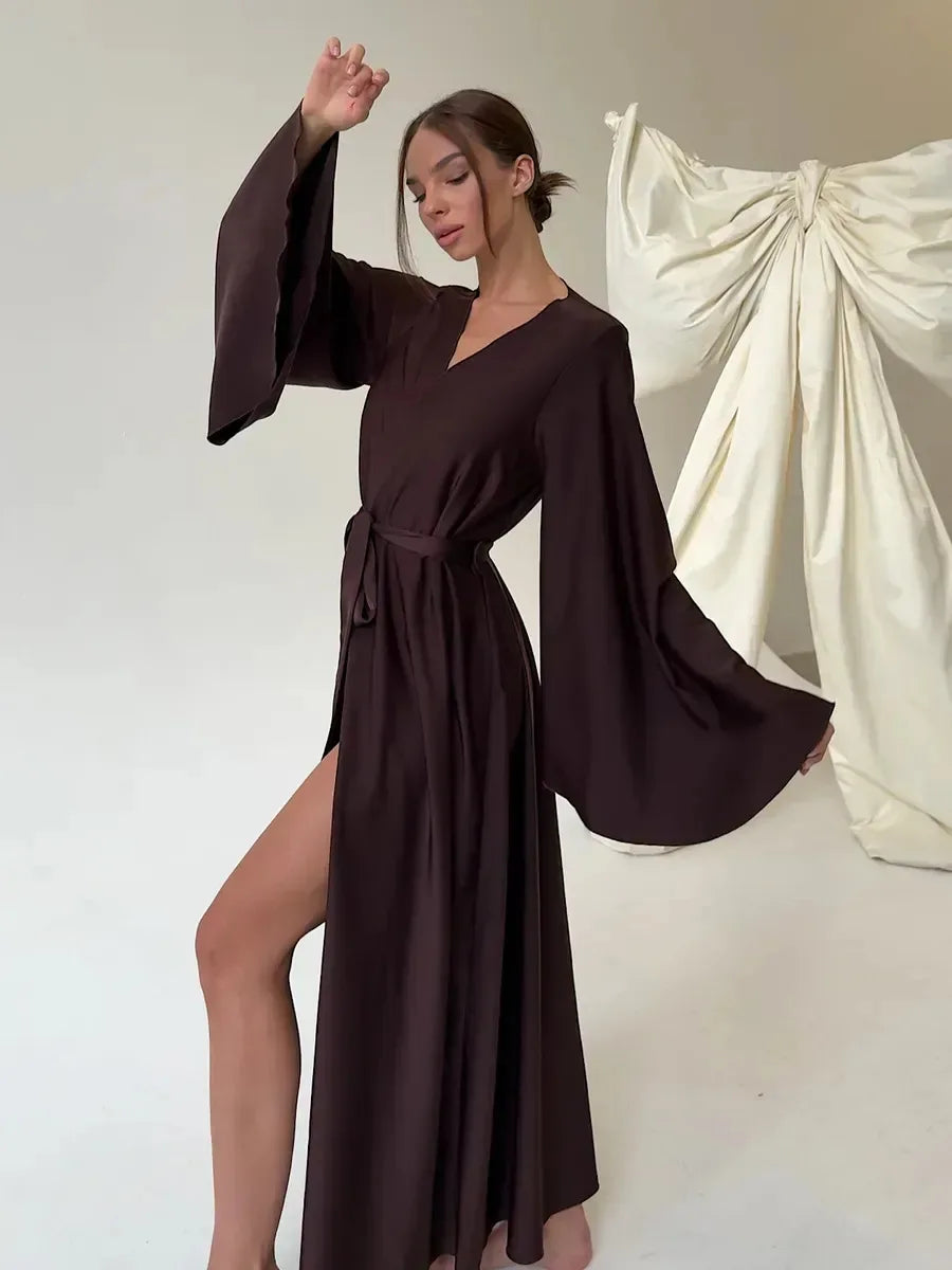 Women's Dress New Spring Summer Satin Loose Robe Sexy High Waisted Split Party Dresses Casual Multi-Color Lace Up Dress Vestidos