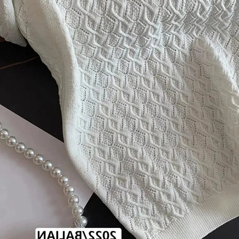 Ice Silk Polo Shirt Knitted Short Sleeve T-Shirt Summer Chic Thin Unique Jacquard Women Tops 2025 Korean Style Women’s Clothing