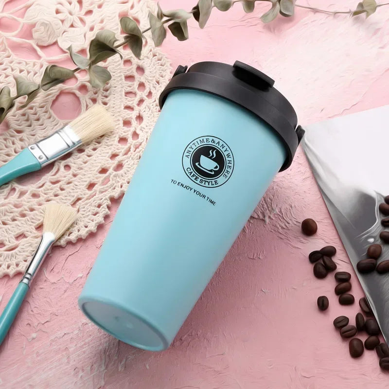 500ml Insulated Travel Coffee Cup Double Wall Leak-Proof Thermos Mug Vacuum Stainless Steel Tea Tumbler with Lid and Handle