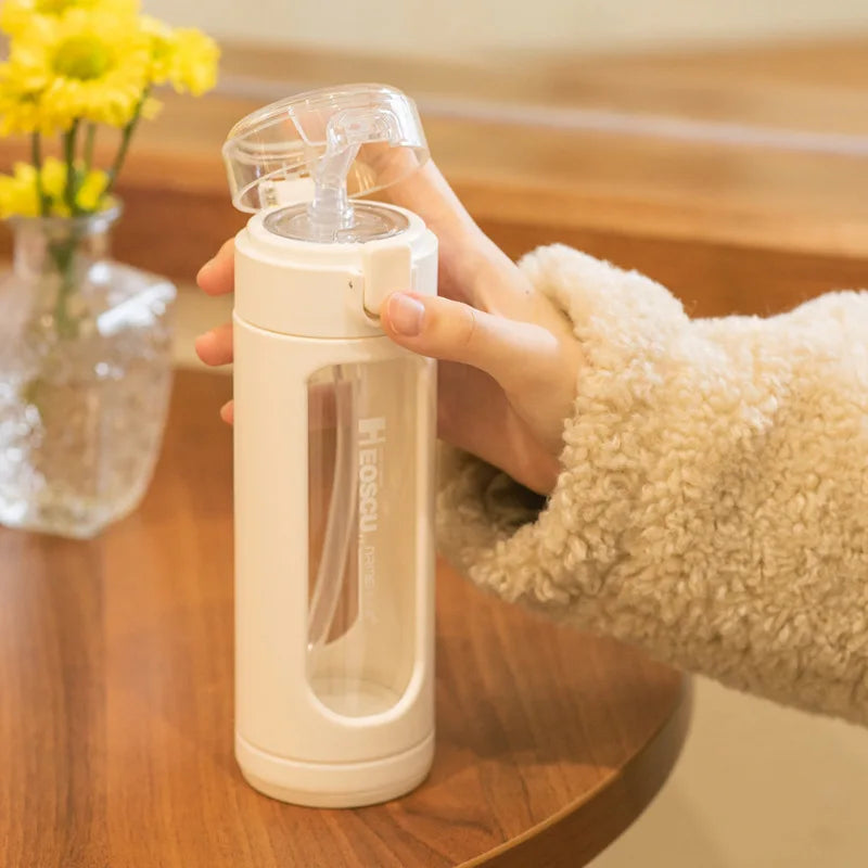 Double Portable Glass Water Bottle with Plastic Enclosure, Kawaii Cup, Tumbler with Straw, Gifts for Girls, Milk, Coffee, Juice