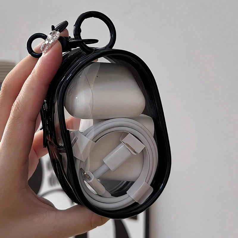 Portable Mini Transparent Storage Bag with Zipper, Multifunctional Headphone and Charger Case, Travel Accessories with Keychain