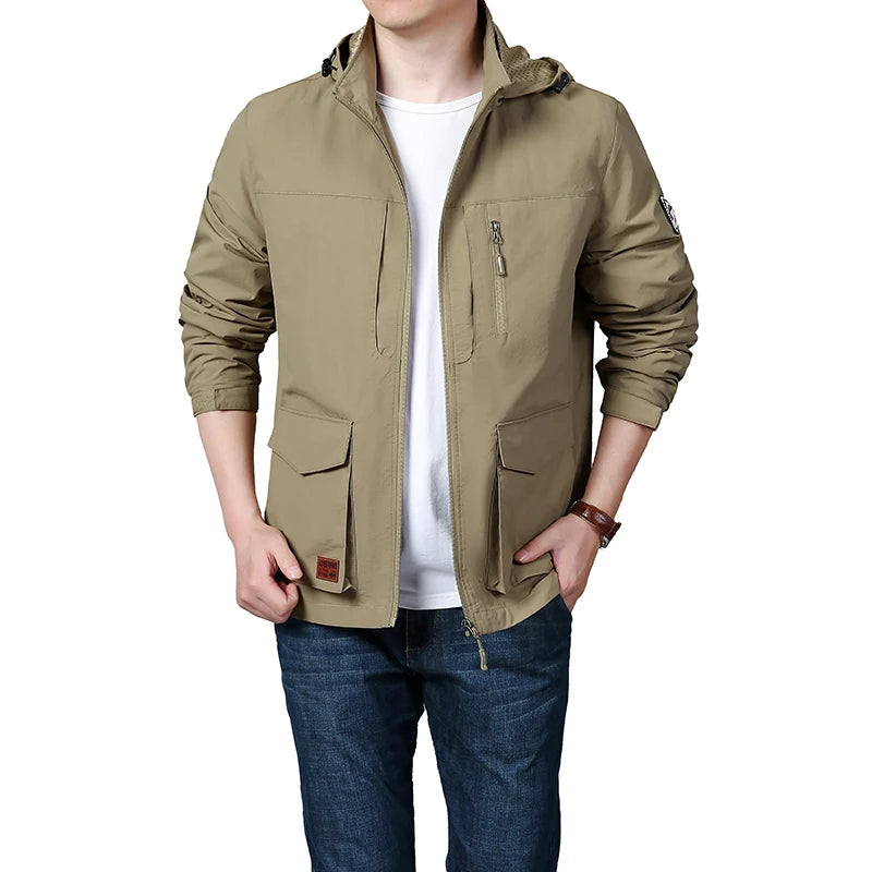 Men's hooded jacket - Outdoor hiking windproof casual jacket - New hooded detachable breathable multi pocket workwear jacket