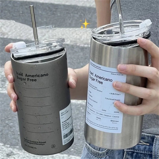 Portable 600ml Thermos Cup 304 Stainless Steel Coffee Mug Thermal Leak-proof Water Bottle with Straw Insulated Bottle Drinkware