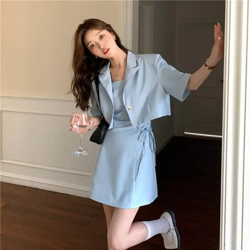 Women's Two Piece Set Lightly Cooked Slim Fit Dress Short Sleeve Commuting Suits Office Kawaii Formal Event Full Female Outfits