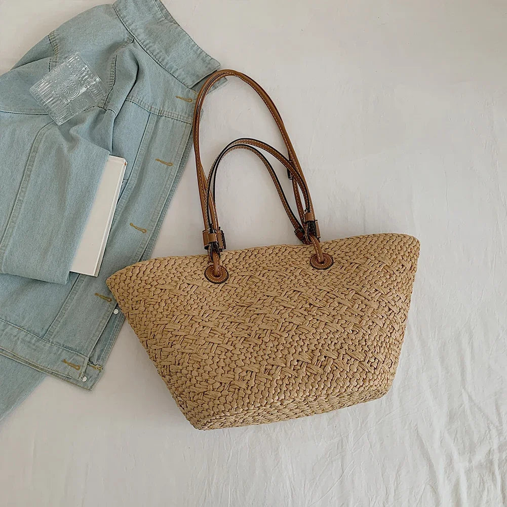 Women Woven Tote Bag Fashion Shoulder Bag Large Capacity Summer Beach Bags Simple Woven Handbag Chic Hobo Bag for Outdoor Travel