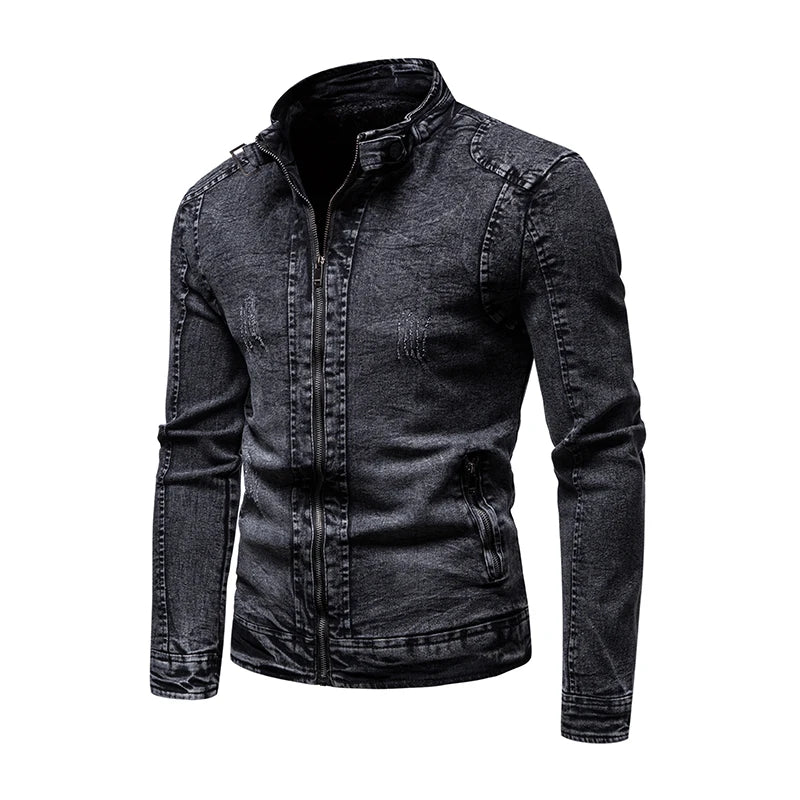 Jean jacket men's autumn and winter 2023 new fashion cool retro fashion slim stand collar motorcyclejacket