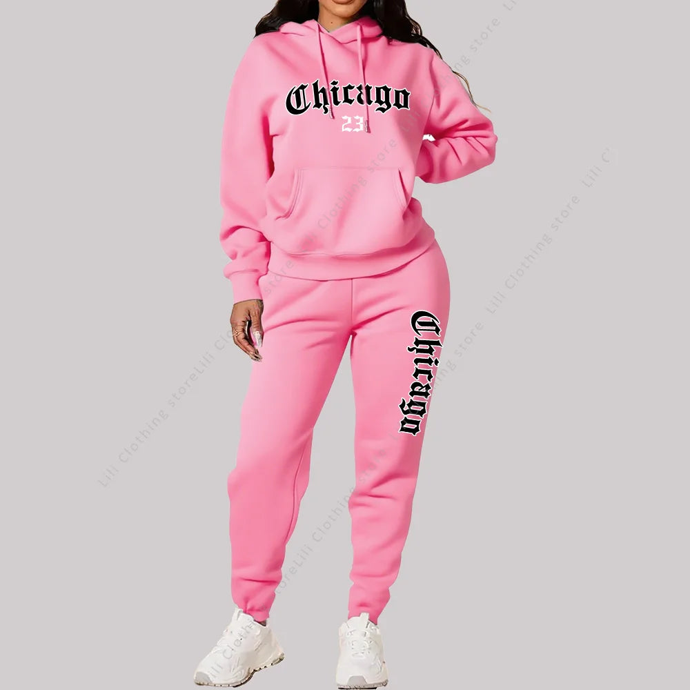 Women's Sets Hoodies Pants 2 Piece Outfits Aesthetic Sportswear Sweatsuit Chicago Graphic Letter Print Plus Size Pink Tracksuit