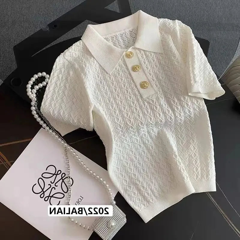 Ice Silk Polo Shirt Knitted Short Sleeve T-Shirt Summer Chic Thin Unique Jacquard Women Tops 2025 Korean Style Women’s Clothing