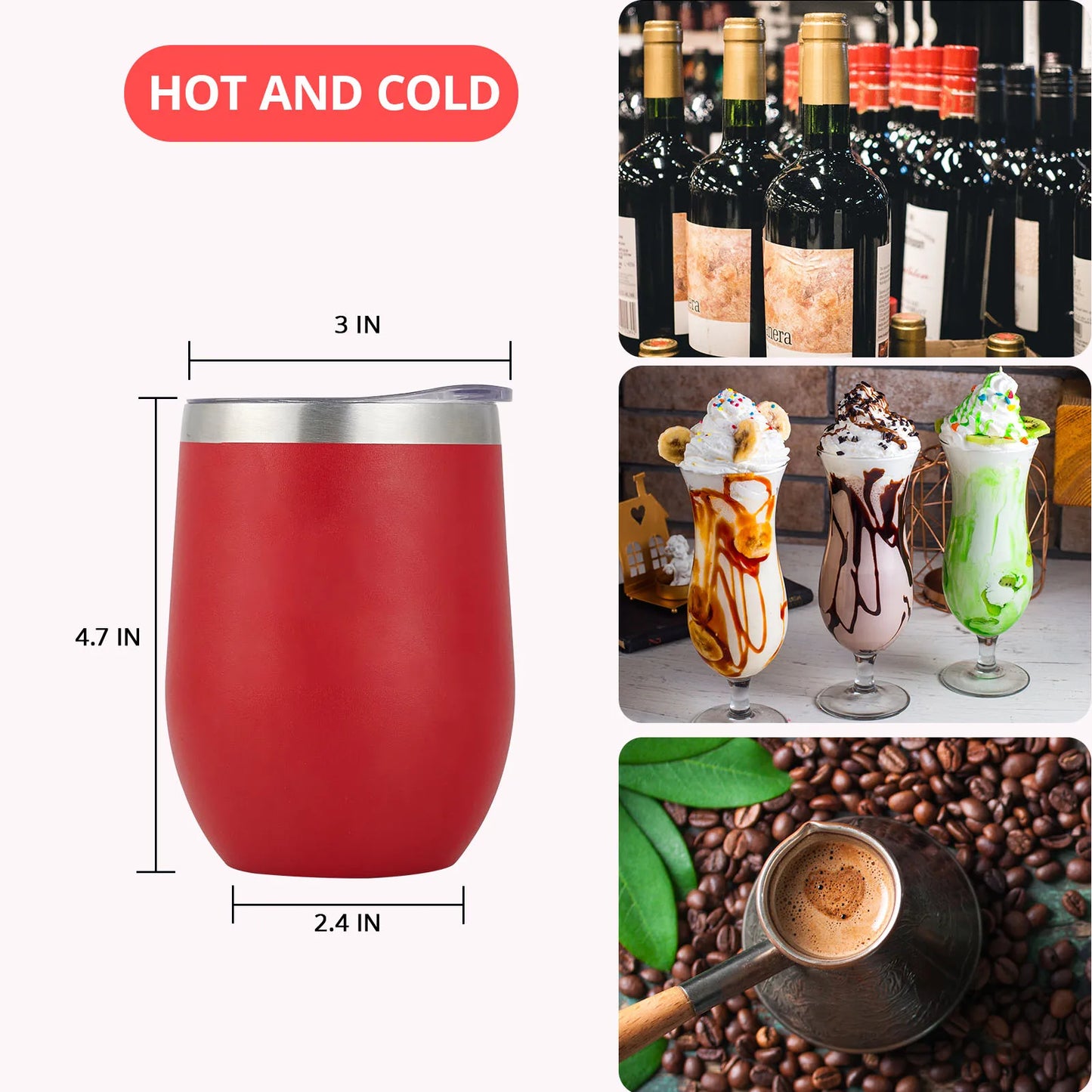 Stainless Steel Wine Tumblers, 12Oz Insulated Wine Tumbler, Stainless Steel Stemless Wine Cups with Lids for Coffee, Wine