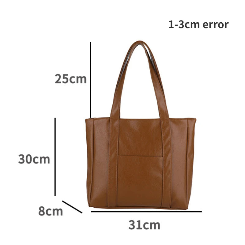 Simple Large Capacity Tote Bags for Women Retro Pu Leather Ladies Shoulder Bag Commuter Portable Girls Student Underarm Handbag