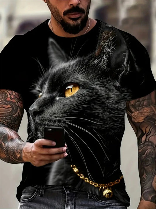 T-Shirts for Men Funny Cat Print Summer Casual O-Neck Short Sleeve Tee Tops Fashion Breathable Pullover Street Men's Clothing