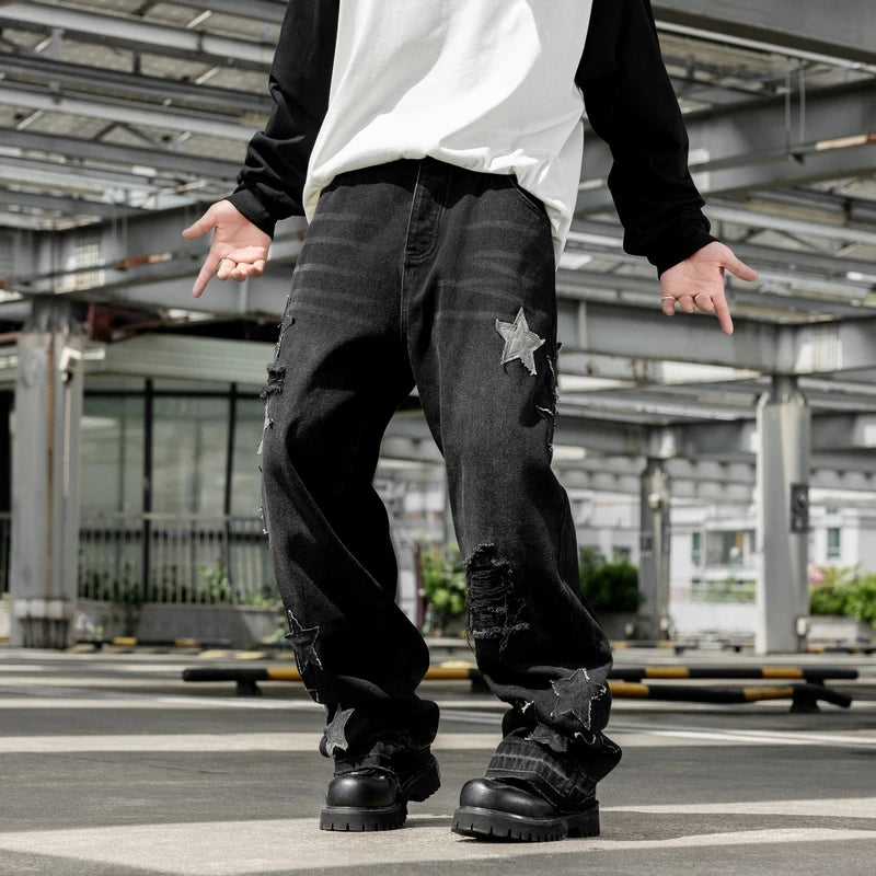 Jeans For Man Y2k Jeans New Trend Loose Straight Leg Wide Leg Pants Star Embroidery Craft Fashion Casual