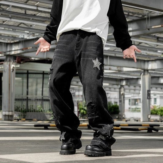 Jeans For Man Y2k Jeans New Trend Loose Straight Leg Wide Leg Pants Star Embroidery Craft Fashion Casual