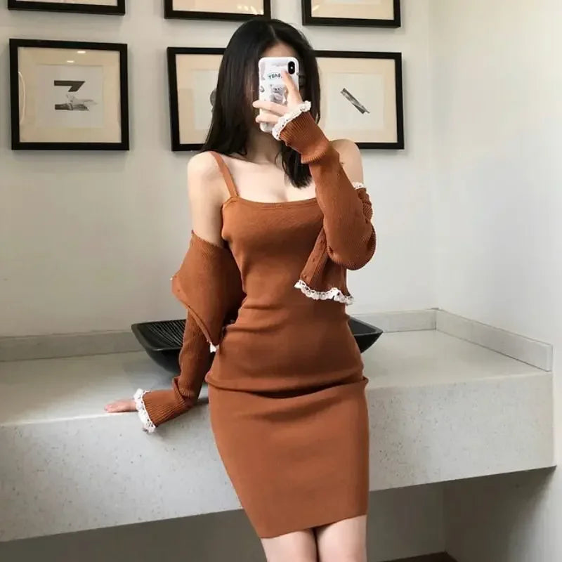 Midi Women's Two Piece Set Long Sleeve Crochet Skirt Sexy Female Outfits Knit Party Summer Fashion 2025 Jacket Co Ord Vacation