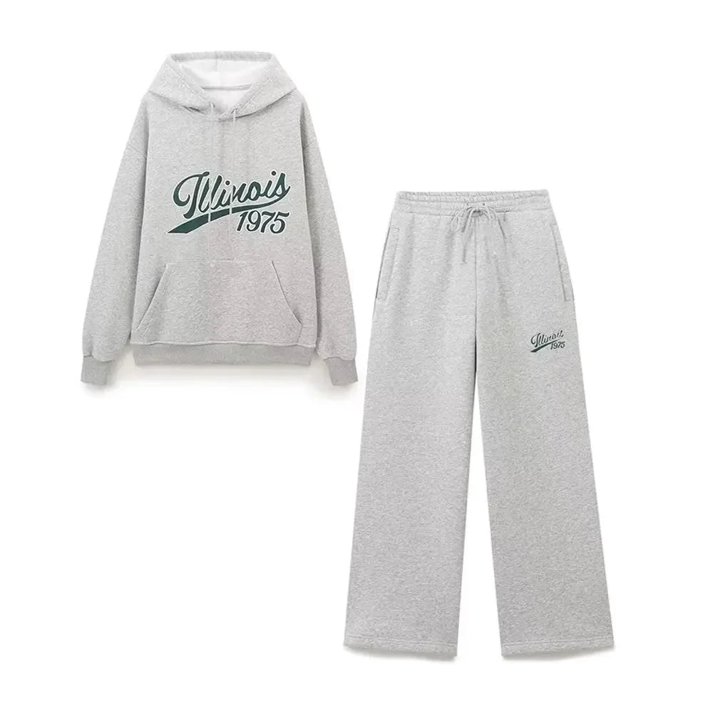 Women's Set Two Pieces Elegant Casual Women's Set Autumn Outfits Sweat Suit Sets Basics Grey Letter Hoodies Sets