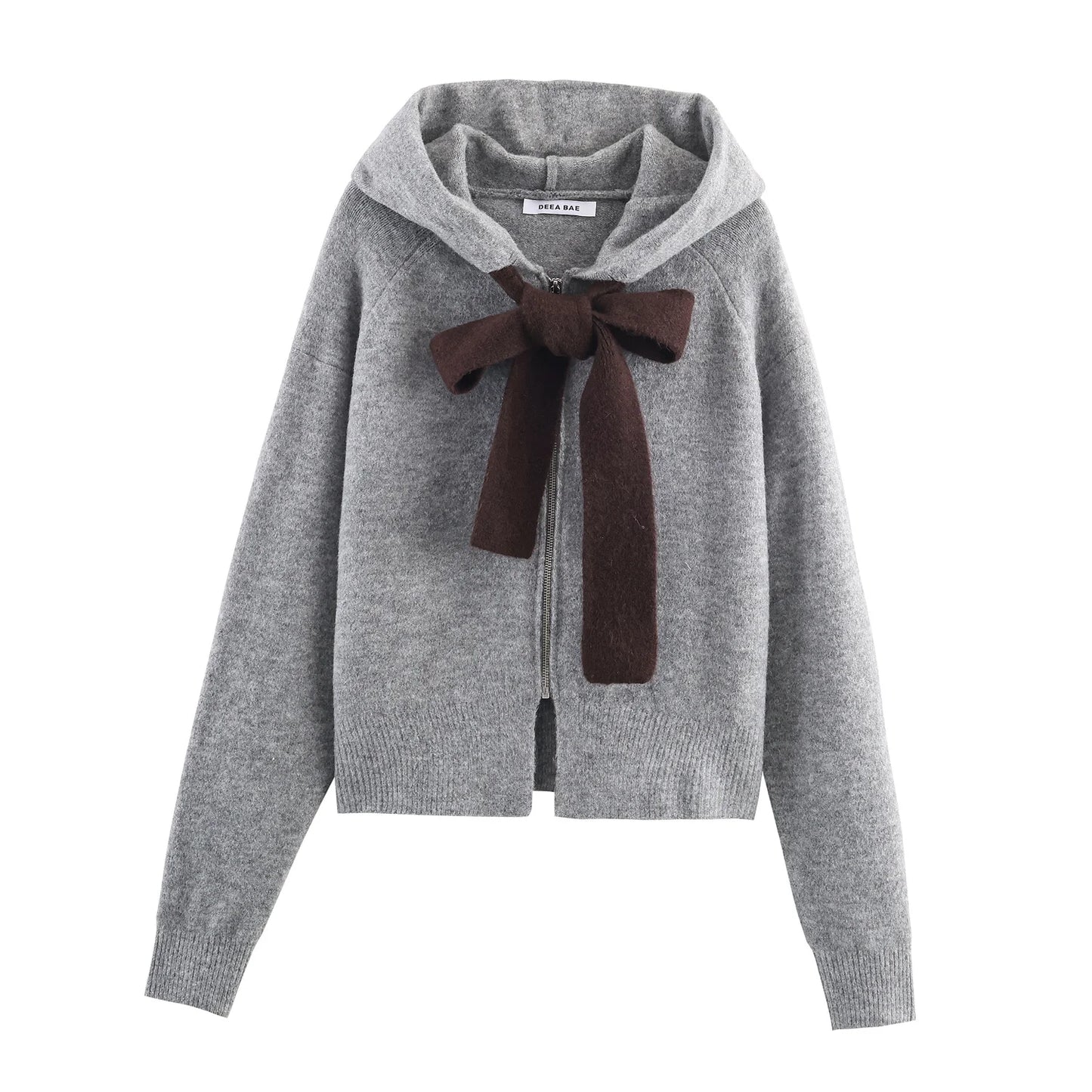 HipSeam Women Hoodie with Contrast Bow Detail Knitted Long Sleeve Ribbed Trims Women's Hoodies Lady Pullovers Female Outerwear