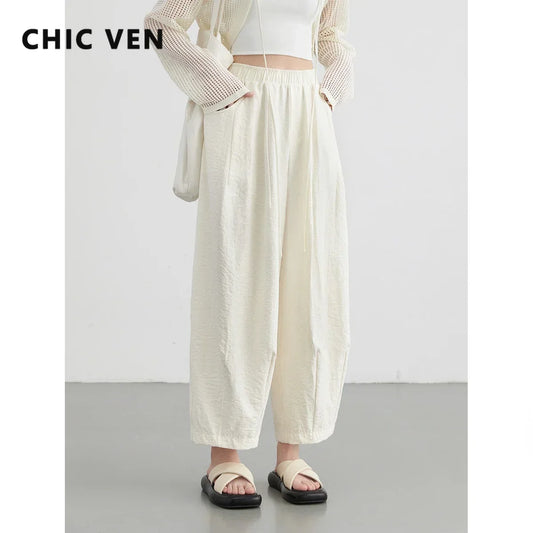 CHIC VEN Women White Pants Solid Casual Elastic Waist High Waisted Pleated Wide Leg Female Trousers  Fold Summer 2025 Clothing