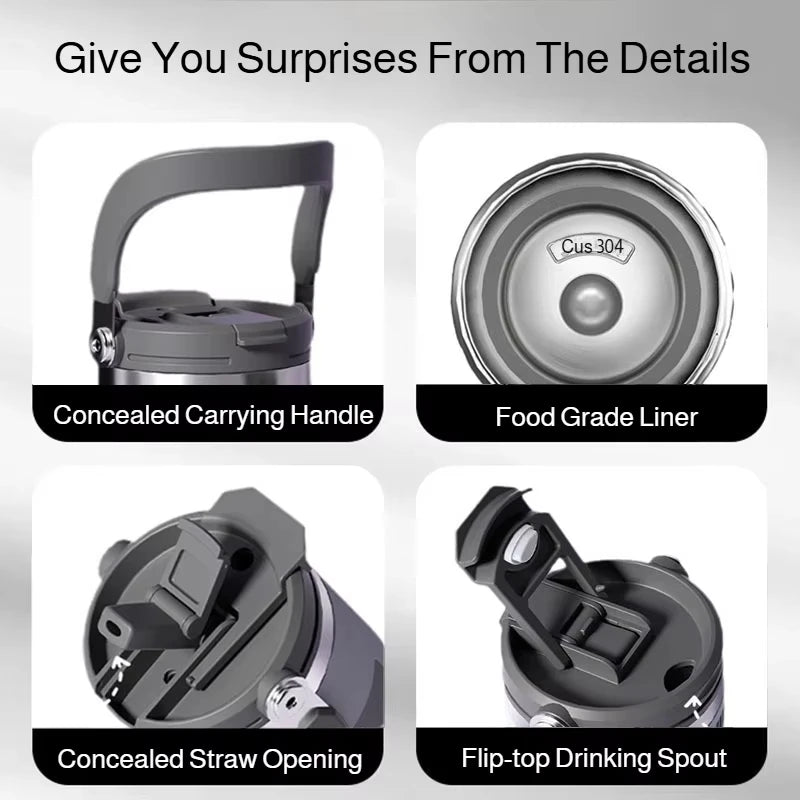 Car Thermal Mug Large Capacity 900/1200ml Stainless Steel Vacuum Thermos Cup Handheld Sport Water Bottle Hot and Cold Drinks