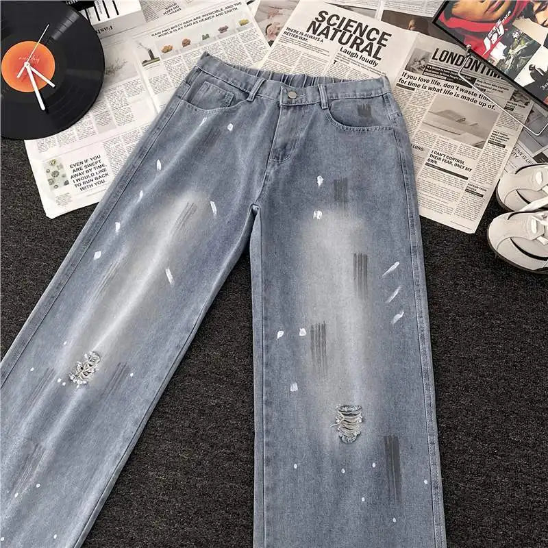 Jeans Men's Trendy Brand Washed Straight Pants High Street Graffiti Casual Ripped Pants S-3XL Size Men's Clothing
