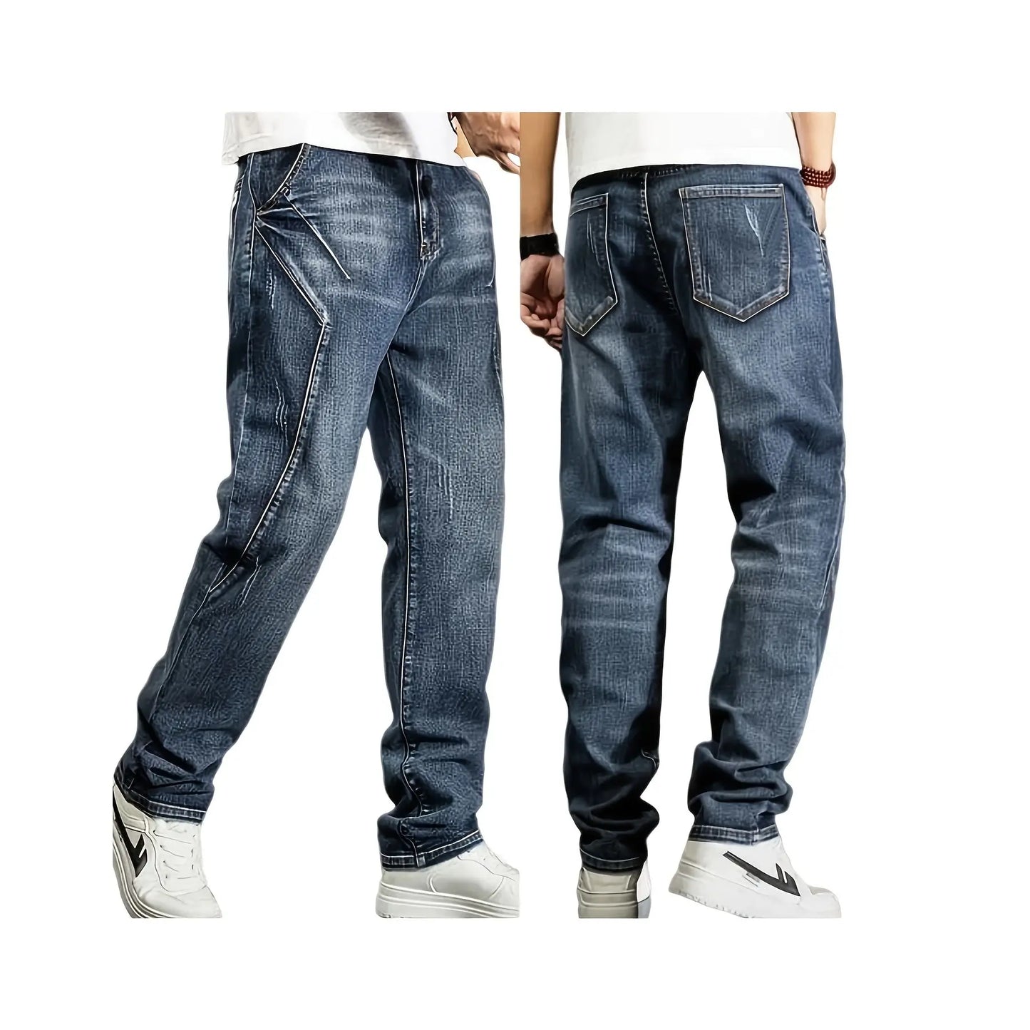 Men's European and American plus size jeans, loose and versatile workwear jeans patchwork design micro elastic cat whisker jeans