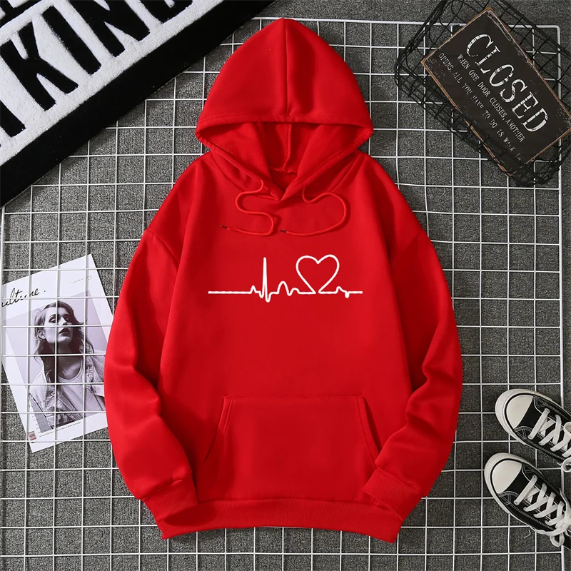 Women Hoodies Autumn Winter Heartbeat Print Men Simple Casual Hoodie Couple Sweatshirts Ladies Hooded Tops Streetwear Clothes