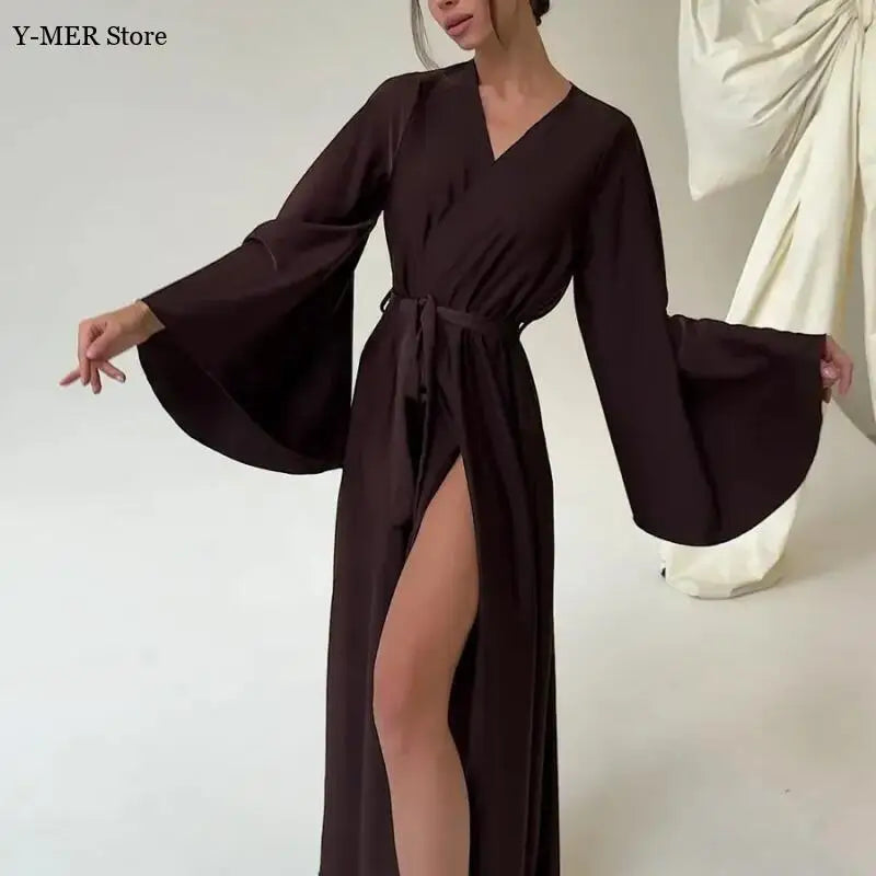 Women's Dress New Spring Summer Satin Loose Robe Sexy High Waisted Split Party Dresses Casual Multi-Color Lace Up Dress Vestidos