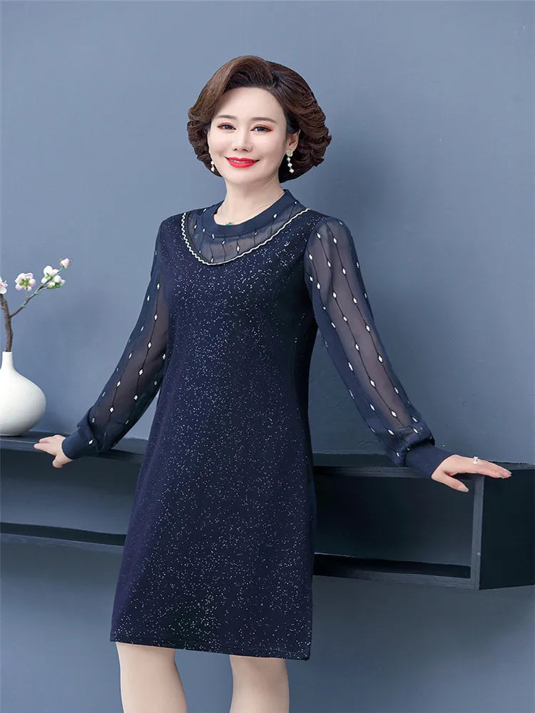 Women Middle-aged Dress Autumn And Winter  Elegant Casual O Neck Long-Sleeve Solid Color Female Dress Clothing