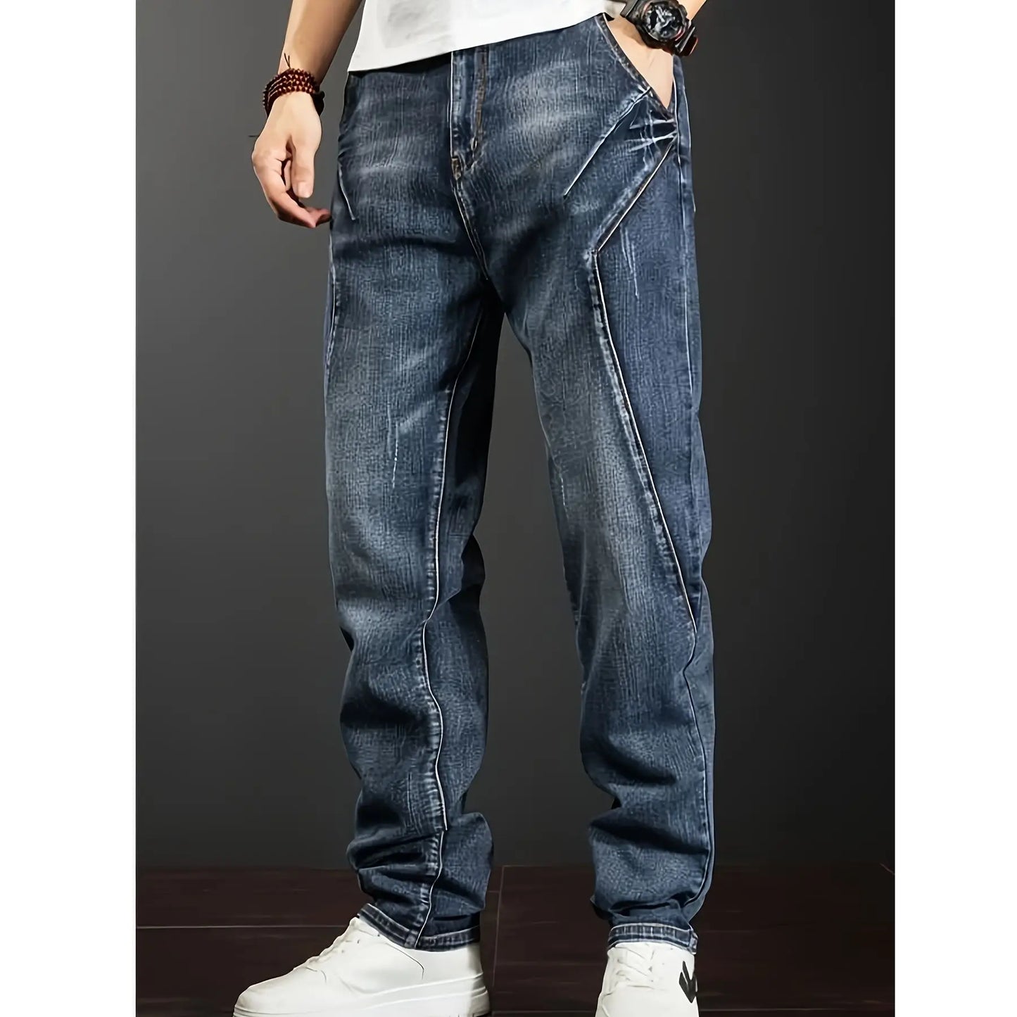 Men's European and American plus size jeans, loose and versatile workwear jeans patchwork design micro elastic cat whisker jeans