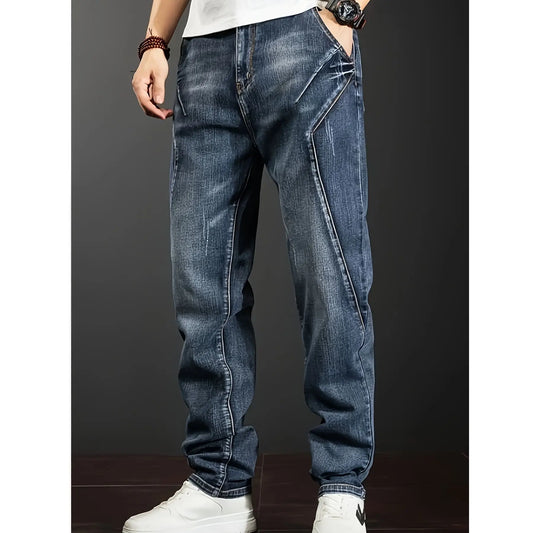 Men's European and American plus size jeans, loose and versatile workwear jeans patchwork design micro elastic cat whisker jeans