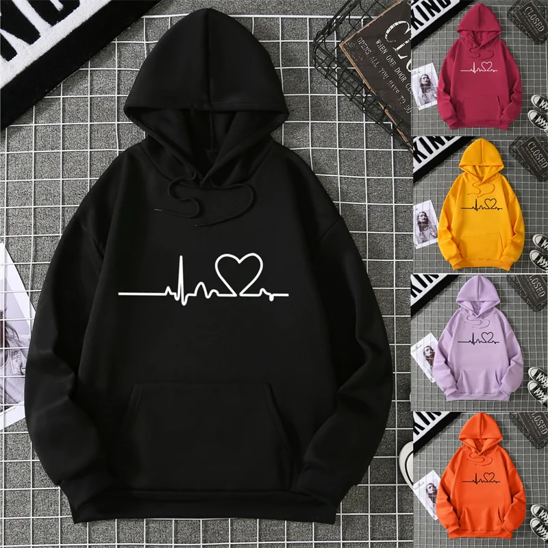 Women Hoodies Autumn Winter Heartbeat Print Men Simple Casual Hoodie Couple Sweatshirts Ladies Hooded Tops Streetwear Clothes