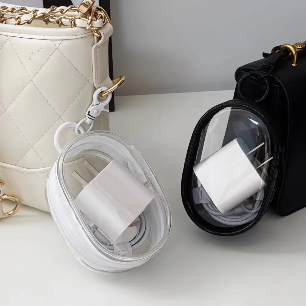 Portable Mini Transparent Charging Cable Storage Bag with Zipper Multifunctional Headphone Case Travel Accessories with Keychain